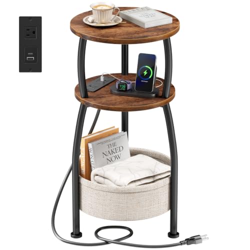 Side Table with Charging Station, Small Round End Table with Basket | Sofa Table with USB and Type-C Port, 3 TiersCouch Table Stand for Living Room Bedroom, Small Spaces, 11.81in Rustic Brown - color: Rustic Brown, size: 11.81" Dia With Power Strip