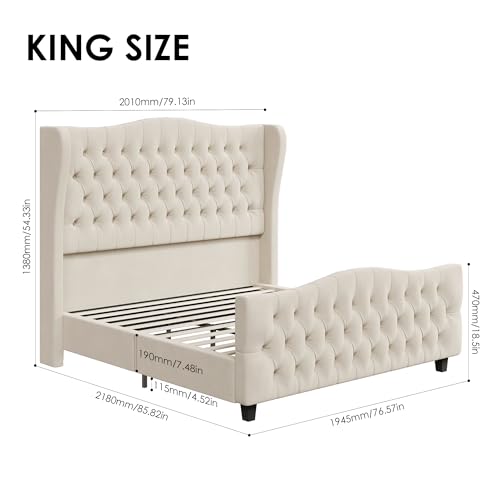 King Size 54.3" Tall Bed Frame with Wingback Headboard & Footboard | Velvet Upholstered Platform Bed with Deep Button Tufted & Handmade Pleats, No Box Spring Needed, Easy Assembly, Beige/Cream - size: King