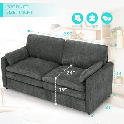 3 Pieces Chenille Sofa Set w/Two Arm Pillows, Grey | Upholstered Loveseat & 2 Pieces 3-Seater Sofa w/Soft Cushions, Modern 2-Seat & 3-Seat w/High-Density Foam for Living Room - color: Grey, size: 69" & 89" & 89" Sofa Set