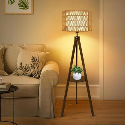 Tripod Floor Lamp with Shelves, Mid Century Wood Standing Lamp with Rattan & Fabric Shades, ON/Off Foot Switch, Modern Farmhouse Tall Floor Lamps for Living Room Bedroom Office