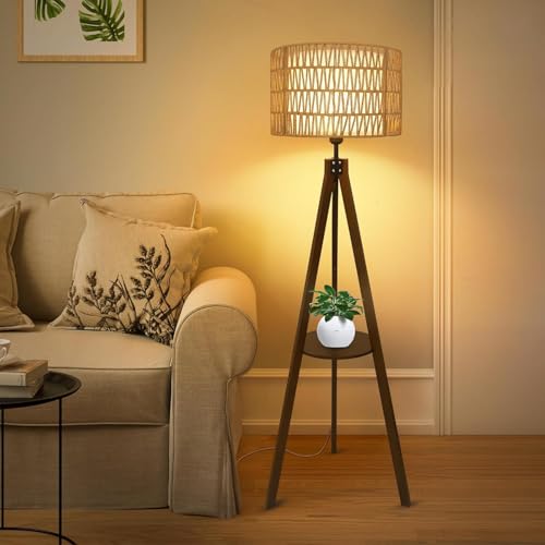 Bohemian Tripod Floor Lamp with Shelves, Mid Century Wood Standing Lamp with Rattan & Fabric Shades, Foot Switch, Perfect for Living Room Bedroom Office