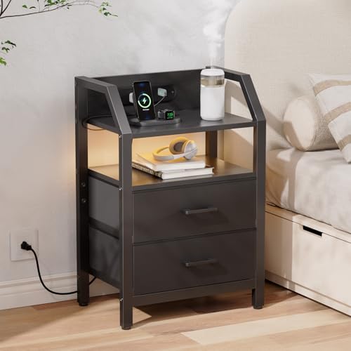 HLDIRECT Nightstand with Built-in Charging Station & Warm LED Light | 2 Fabric Drawers, FSC Wood, 66 lbs Capacity, 18.1"W x 11.5"D x 26"H, Adjustable Feet, for Bedroom, Dorm, Black - color: Black, size: 2 Drawers