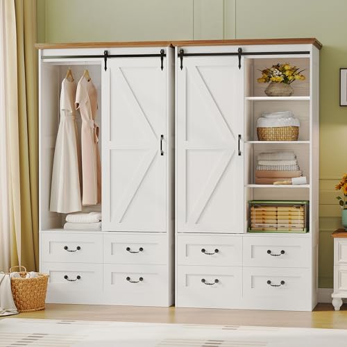 IRONCK Armoire Wardrobe Closet with 4 Drawers, Sliding Barn Doors, White | 71" Wardrobe Cabinet, Tall Clothing Storage Cabinet with Hanging Rod and Shelves for Bedroom - color: White