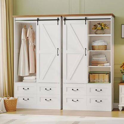 IRONCK Armoire Wardrobe Closet with 4 Drawers, Sliding Barn Doors, White | 71" Wardrobe Cabinet, Tall Clothing Storage Cabinet with Hanging Rod and Shelves for Bedroom - color: White