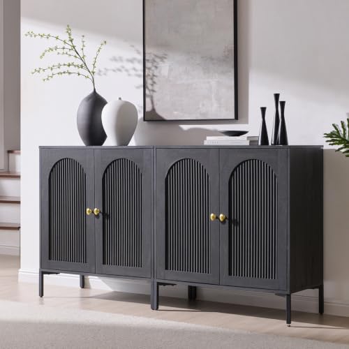 IFBUY 61.75" W Mid Century Modern TV Stands for Living Room, Dark Grey | Wood Entertainment Center w/Adjustable Shelves, Media Console w/Arched Fluted Doors, Entryway Cabinet Fits 65, 70, 75 Inch TV - color: Grey, size: 15.75"D x 61.75"W x 34"H