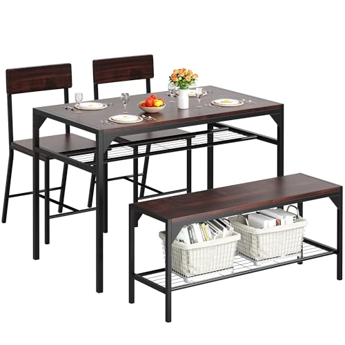 Shintenchi Kitchen Table Chairs Set of 4 with Bench and Chairs, Dark Walnut | Dining Table Set for 4, 4 Pieces Kitchen Table Set, Storage Rack & Metal Frame, for Small Space, Upgrated Leg Support - color: Dark Walnut