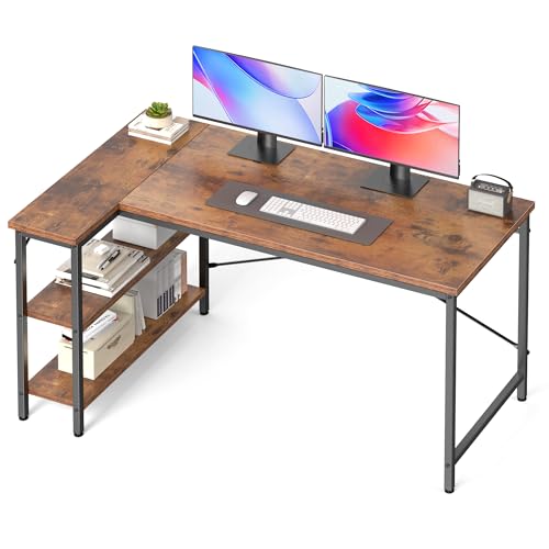 DUMOS 39 Inch L Shaped Desk, Computer Gaming Corner Desks with Shelves | Home Office PC Table, Writing Working Study Desk for Bedroom Dorm, Reversible Design, Rustic Brown - color: Rustic Brown, size: 39" × 31.5"
