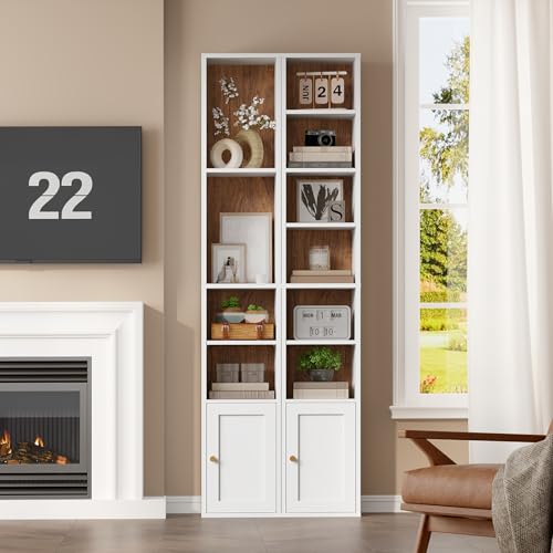 7-Tier Tall Narrow Bookshelf with Door, 70.9 Inches CD DVD Slim Media Tower Rack with Storage Cabinet, Adjustable Shelves, Skinny Bookshelf Display Bookcase for Home Office, White and Walnut - color: White + Walnut