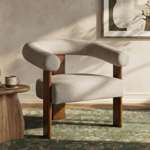 VKNOW Barrel Accent Chair, Vanity Chair with Armrests and Walnut Wood Legs | Mid Century Modern Upholstered Living Room Chairs with Open Back, Faux Mohair Fabric, for Living Room, Bedroom, Brown - color: Brown(walnut Legs), size: Set of 1