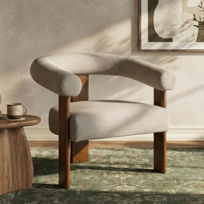 VKNOW Barrel Accent Chair, Vanity Chair with Armrests and Walnut Wood Legs | Mid Century Modern Upholstered Living Room Chairs with Open Back, Faux Mohair Fabric, for Living Room, Bedroom, Brown - color: Brown(walnut Legs), size: Set of 1