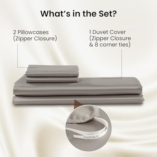 THXSILK Luxury Full Silk Duvet Cover Set 3 Pieces, Extra Soft, Breathable & Cooling Bedding Set, Machine Washable & Durable, 1 Duvet Cover & 2 Pillowcases with Zipper Closure(Grey) - color: Grey, size: Full (3 pcs)
