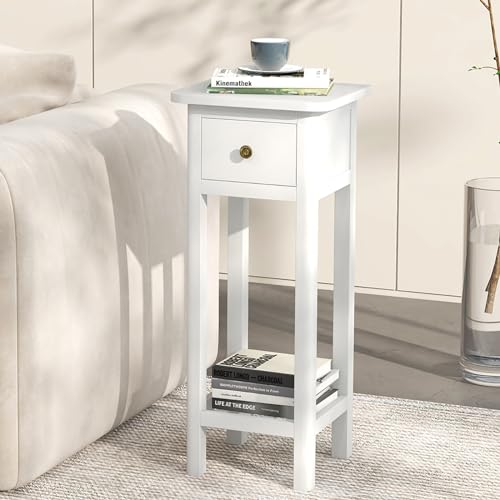Narrow Side Table, Tall Nightstand with Drawer and Shelf, Small Bedside Tale for Small Space, Living Room End Tables, No Assembly (1, White) - color: White