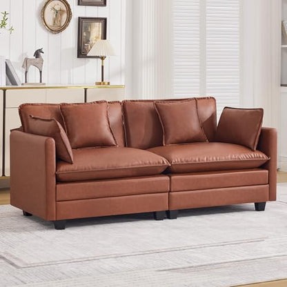 76'' Cloud Deep Seat Loveseat, Upholstered Leather Modular 2-Seats Sectional Sofa Couch, Modern Comfy Settee Loveseat for Living Room Set, Small Apartment, Leather Brown - color: Pu-dark Brown, size: 76'' Loveseat