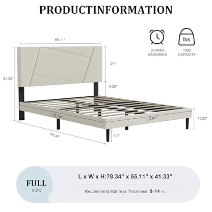 Full Size Upholstered Bed Frame Frame with Headboard，Velvet Beige | Geometric Head Board Platform Bed, Sturdy Wooden Slats, Noiseless No Box Spring Required, Easy to Assemble - color: Beige, size: Full