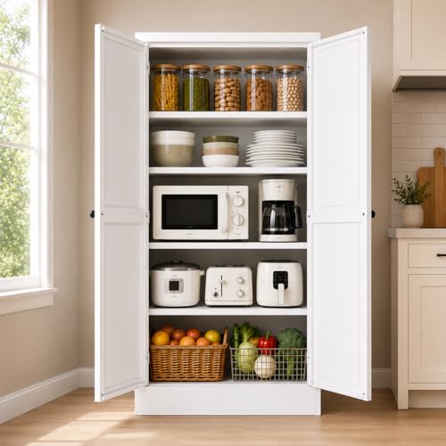 AQY Kitchen Pantry Cabinet,61" White Pantry Storage Cabinet with 4 Tier Adjustable Shelves and 2 Doors,Freestanding Cupboard,Metal Pantry Cabinets with Handle for Living Room Kitchen Assembly Required - color: White, style: H61" - 2 Doors Hooks & Vents