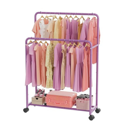 Simple Trending Clothing Clothes Rack, Double Rod Garment Rack, Purple | Portable Closet with Bottom Shelf, Anti-Slip Stoppers, 360° Lockable Wheels, Multiple Uses, Bedroom, Laundry Room - color: Purple