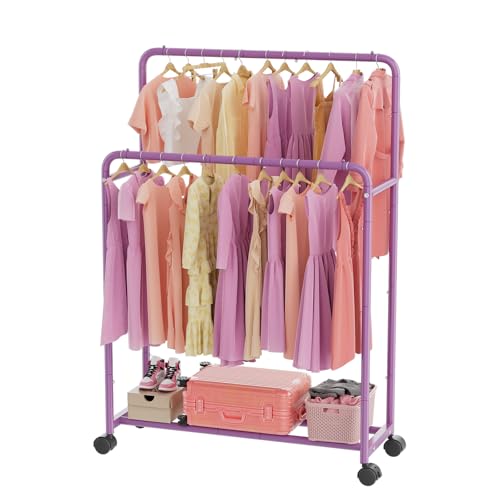 Simple Trending Clothing Clothes Rack, Double Rod Garment Rack, Purple | Portable Closet with Bottom Shelf, Anti-Slip Stoppers, 360° Lockable Wheels, Multiple Uses, Bedroom, Laundry Room - color: Purple