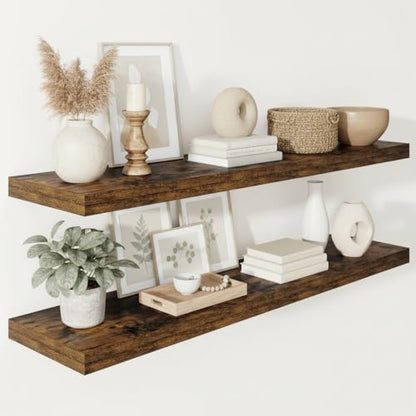 Vivelove Deep Floating Shelves 48x12” Set of 2, Rustic Brown | Easy Install With Hardware, 2" Thick, Invisible Brackets, Wall Mounted, No Sagging, For Any Room - color: Rustic Brown, size: 48”wx12”dx2”h
