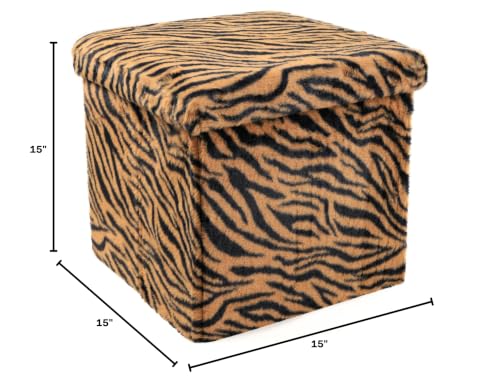 Luxe Faux Fur Storage Ottoman, Tiger Tan/White, 15 x 15 x 15 in | Engineered Wood, Tool-Free Assembly, Modern Style, Seat And Footrest - color: Tiger Tan/White, size: 15"D x 15"W x 15"H