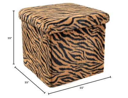 Luxe Faux Fur Storage Ottoman, Tiger Tan/White, 15 x 15 x 15 in | Engineered Wood, Tool-Free Assembly, Modern Style, Seat And Footrest - color: Tiger Tan/White, size: 15"D x 15"W x 15"H