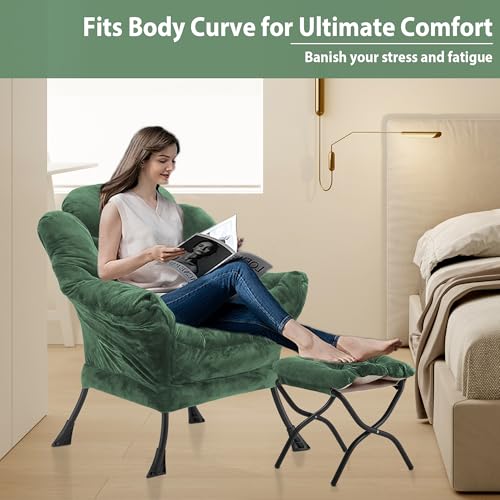 Youtanic Lazy Chair with Folding Ottoman, Accent Chair Plush Upholstered with Metal Structure and Non-Slip Pads, Sofa Armchair with Footrest and Side Storage Bag for Dorm, Room, Office, Green - color: Plush Green