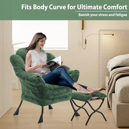 Youtanic Lazy Chair with Folding Ottoman, Accent Chair Plush Upholstered with Metal Structure and Non-Slip Pads, Sofa Armchair with Footrest and Side Storage Bag for Dorm, Room, Office, Green - color: Plush Green