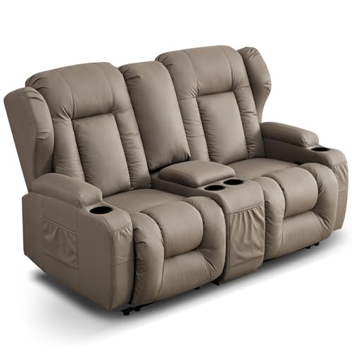 Loveseat Recliner Sofa,RV Wall Hugger Recliners with Console,Reclining Loveseat Sofa Recliner with Cup Holders/Lumbar Pillows for Small Spaces,RV Furniture (Khaki,66" 2-Seater) - color: Khaki, size: 66" 2-Seater