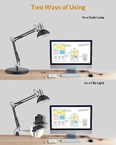 LEPOWER Metal Adjustable Desk Lamp with Clamp, Swing Arm for Home Office | Gooseneck, Architect Style, Eye-Caring Table Lamp, On/Off Switch, E26 Base, Reading for Dorm, Bedroom, Study, Back to School - color: Black