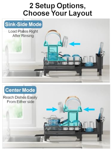 Large Expandable 2 Tier Dish Drying Rack for Kitchen Counter, Black | Extendable Design, 360° Rotating Drain Spout, Stable Screw-Fixed Frame, Rust-Resistant, Cup & Utensil Holder, Tool-Free Setup - color: Black, size: Countertop Expandable (12.6"w X 18.7"