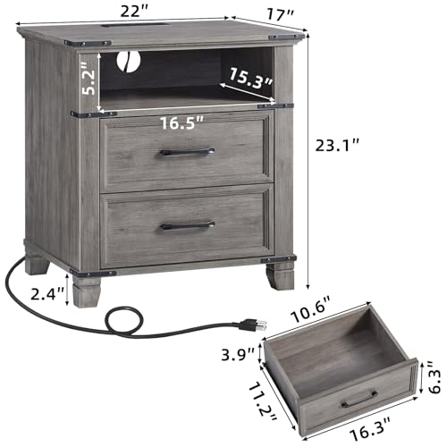 Farmhouse Night Stand with Charging Station, Grey | 2 Drawers End Tables Bedroom, Bedside Table with Metal Handles & Solid Wood Foot & Open Shelf - color: Grey