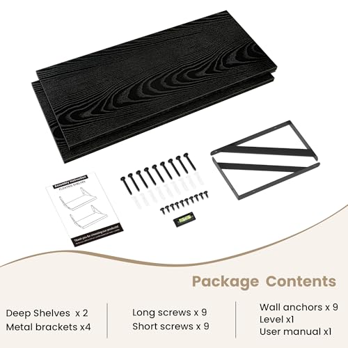 Dreamland Wall Mounted Floating Shelves Set of 2, 30x12, Black | Engineered Wood, Visible Bracket, Large Storage, Hold Up to 55lbs, Living Room, Bathroom, Bedroom, Kitchen - color: Black, size: 30"W x 12"D