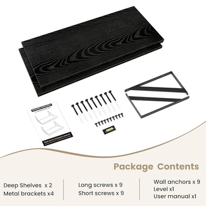 Dreamland Wall Mounted Floating Shelves Set of 2, 30x12, Black | Engineered Wood, Visible Bracket, Large Storage, Hold Up to 55lbs, Living Room, Bathroom, Bedroom, Kitchen - color: Black, size: 30"W x 12"D