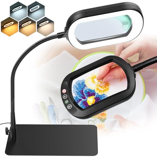 IVMAIE 12X Magnifying Glass with Light and Stand, Rectangular Glass Lens | 5 Color Modes LED Dimmable Lighted Desk Lamp, Flexible Gooseneck Hands Free Magnifier for Reading Crafts Repair Close Work - color: Black