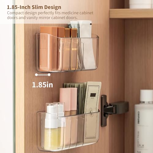 PAVSTINE 2 Pack Adhesive Medicine Cabinet Organizer, Clear Wall Mounted Makeup Storage Shelves for Bathroom Vanity, No Drilling Narrow Organizers for Door Cabinet, 5 Compartment - size: 5-Compartment Wall-Mounted