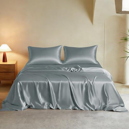 THXSILK Luxury Queen Silk Duvet Cover Set 3 Pieces, Extra Soft, Breathable & Cooling Bedding Set, Machine Washable & Durable, 1 Duvet Cover & 2 Pillowcases with Zipper Closure(Stone Blue) - color: Stone Blue, size: Queen (3 pcs)