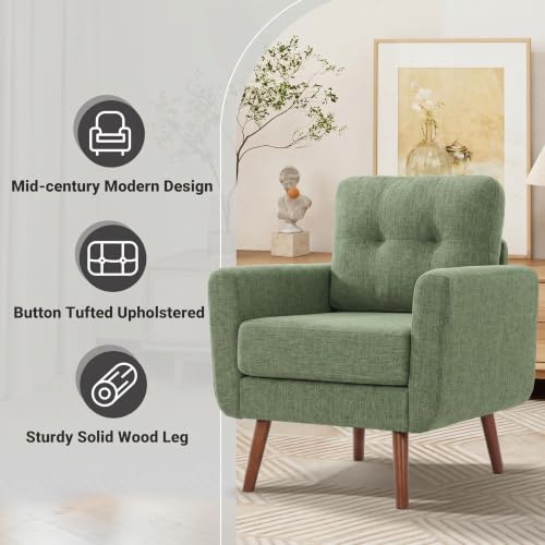 Tbfit Linen Fabric Single Sofa, Accent Chair, Mid Century Modern Armchair for Living Room, Bedroom Button Tufted Upholstered Comfy Reading Sofas, Green - color: Green, size: Single*2