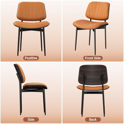 YaFiti Mid Century Dining Chairs Set of 2 with Walnut Bentwood, Orange | Ergonomic Walnut Backrest, Upholstered Waterproof PU Leather Seat, Stable Metal Legs, Adjustable Footpads, Apartment Friendly - color: Orange Scallop