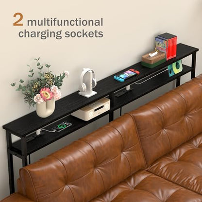 Keelian 78 Inch Double-Layer Narrow Console Sofa Table with 2 Power Outlets &4 AC Plugs&4 USB Ports, 4.9' Extension Cord Included, Behind Couch Table for Living Room/Office Easy Assembly - Black