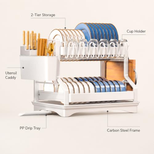 Fandian Dish Drying Rack 2 Tier White Dish Racks for Kitchen Counter and Sink, Large Dish Drying Rack with Drainboard & Utensil Holders Stainless Steel Dish Drainers Kitchen Organization and Storage - color: Ceramic White Dish Racks