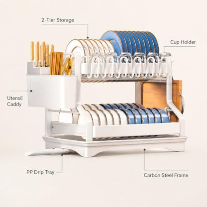 Fandian Dish Drying Rack 2 Tier White Dish Racks for Kitchen Counter and Sink, Large Dish Drying Rack with Drainboard & Utensil Holders Stainless Steel Dish Drainers Kitchen Organization and Storage - color: Ceramic White Dish Racks