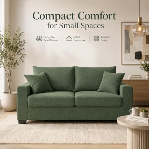 Dark Green 69'' Modern Loveseat Sofa | Upholstered 2-Seater Sofa for Living Room, Mid-Century Modern Love Seats with 2 Pillows, Deep Seat for Office Apartment - color: Dark Green