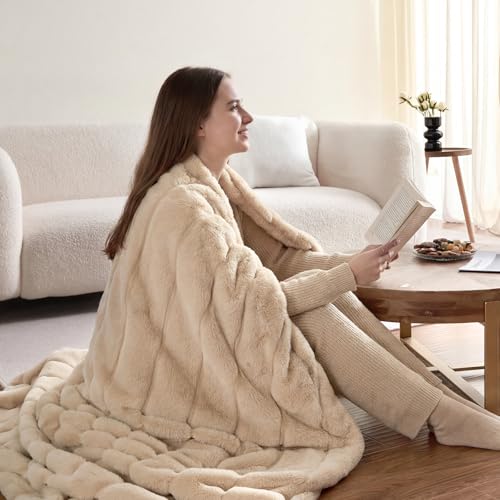 Cozy Bliss Deluxe Sheared Rabbit Faux Fur Throw Blanket, Soft Fuzzy High-Low Sculpted Plush Blanket for Couch, Cozy Home Accent, All Season Use, Khaki 50"x60" - color: Khaki, size: Throw(50" x 60")