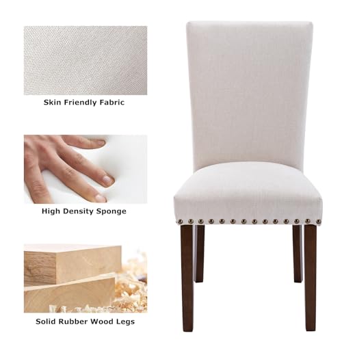 COLAMY Upholstered Parsons Dining Chairs Set of 4, Fabric Dining Room Kitchen Side Chair with Nailhead Trim and Wood Legs - Beige,No Table - size: set of 4