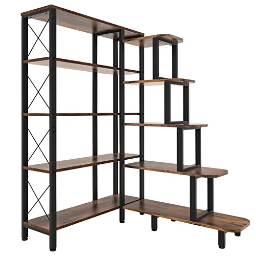 Large Corner Bookshelf Bookcase, Industrial Reversible 5 Tier Ladder Shelves Storage Display Rack with Metal Frame, Modern Home Office Furniture for Living Room Bedroom - color: Brown