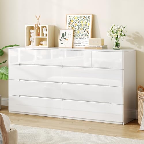10 Drawer Dresser for Bedroom, 55" Long High Gloss Dresser, White | Modern Dresser Chest of Drawers, Handle-less Design, High Gloss Panel, Dresser TV Stand, Wooden Dressers for Bedroom, Closet - color: White, size: 15.7"D x 55"W x 31.5"H (10 Drawers)