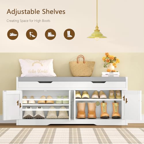 3-Tier Storage Bench, 47.2" Wide Shoe Bench with Lift Top Storage & 2 Adjustable Shelves, Entryway Bench with Padded Seat Cushion, Shoe Cabinet Bench for Entryway, Living Room, Bedroom (White) - size: 13.78"D x 47.2"W x 19.7"H