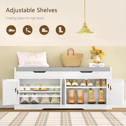 3-Tier Storage Bench, 47.2" Wide Shoe Bench with Lift Top Storage & 2 Adjustable Shelves, Entryway Bench with Padded Seat Cushion, Shoe Cabinet Bench for Entryway, Living Room, Bedroom (White) - size: 13.78"D x 47.2"W x 19.7"H