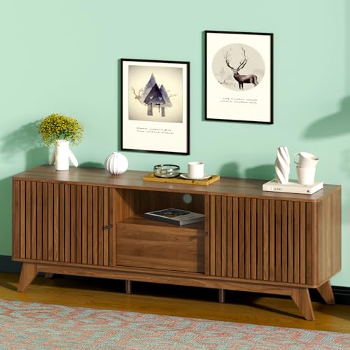 63" TV Stand, Media Console for TVs up to 70", Walnut | Mid-Century Modern Design, Fluted Sliding Doors, Storage Cabinets, Cable Management, Media Console for Living Room, Bedroom