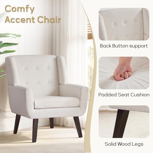 HUIMO Accent Chair for Living Room,Upholstered Button Linen Armchair Chair | Mid Century Modern Tufted Armchair with Fabric,Comfy Arm Chairs for Club Living Room Reading Bedroom,Waiting Room Beige - color: Beige