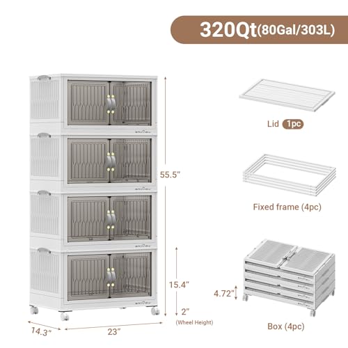 BROVIEW 320Qt Stackable Storage Bins with Lid for Home Dorm, 4Pack White | Closet Organizers, Foldable & Collapsible Cabinets, Large Containers, Wheels & Magnetic Doors, Plastic Drawers for School - color: White, size: 80QT-4Pack